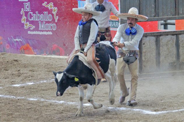 Mauricio Antonio Arreola Palacios completó esta buena jineteada de toro para la Escuela Municipal de Tlajomulco, Jalisco