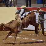 Gabriel Enríquez Muñoz ejecutó esta emocionante jineteada de toro cara atrás para los Charros de Irapuato