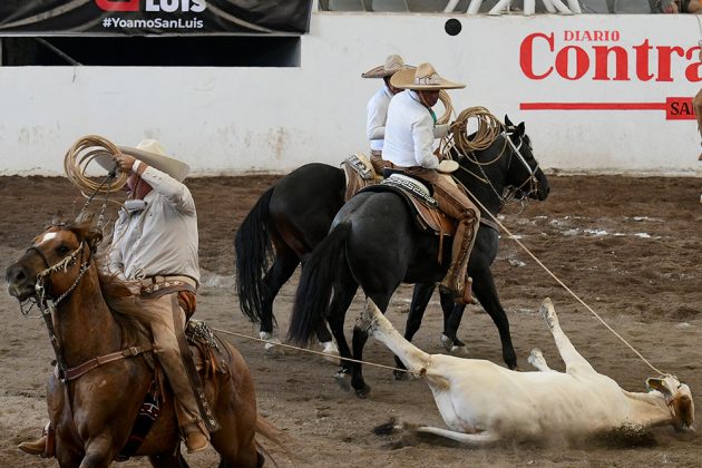 José Luis Chávez Tafoya y Moisés Vázquez Correa derriban al toro durante la terna en el ruedo de San José de Jocotitlán