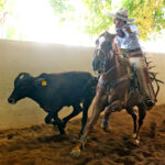 Rodrigo Dorantes de Querétaro en acción en la suerte de colas, durante la eliminatoria de charros completos categoría Juvenil