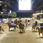 Las integrantes de la escaramuza Herencia Charra "B" giran durante la ejecución de su rutina